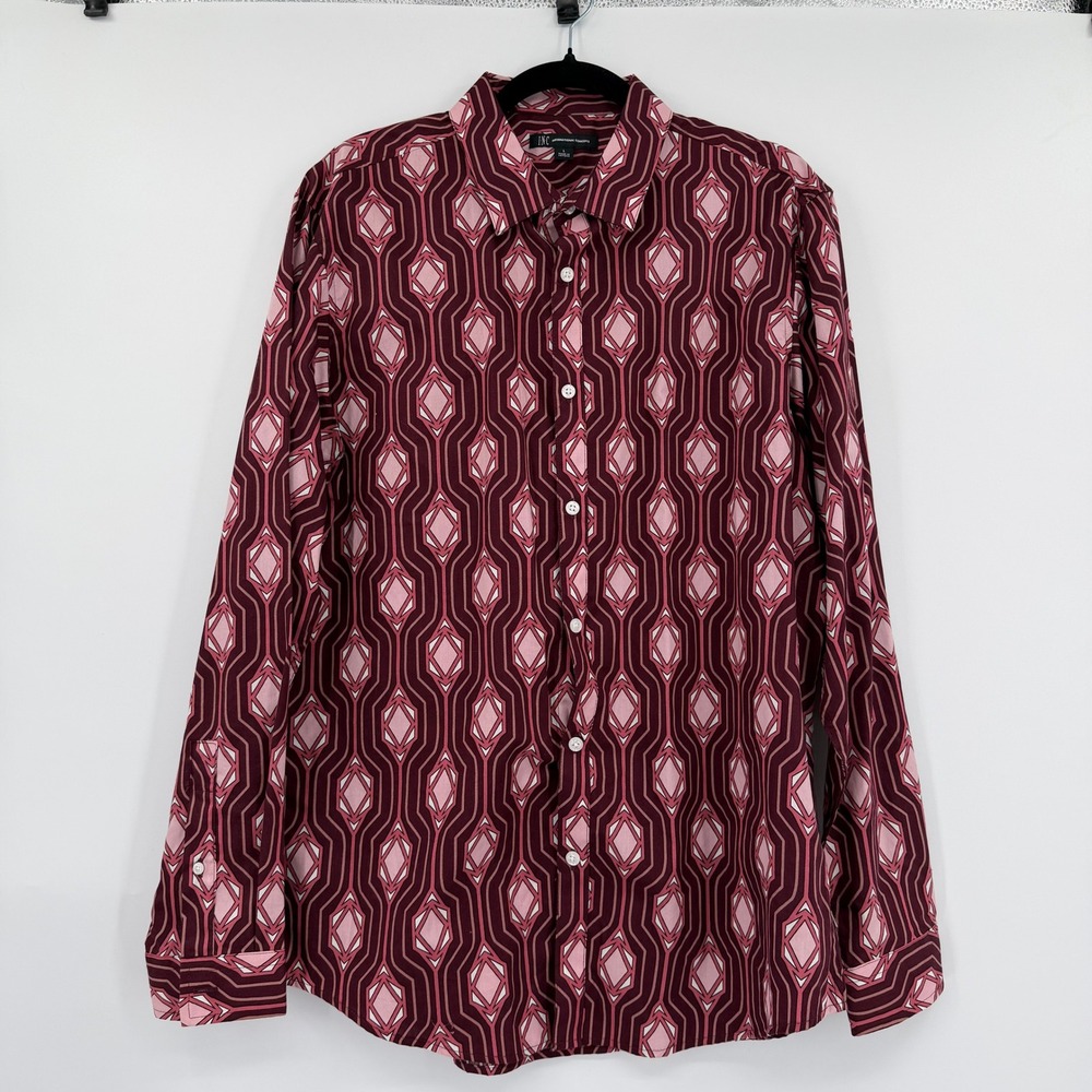 INC International Concepts Burgundy Geometric Print Button Up Shirt Mens Large
